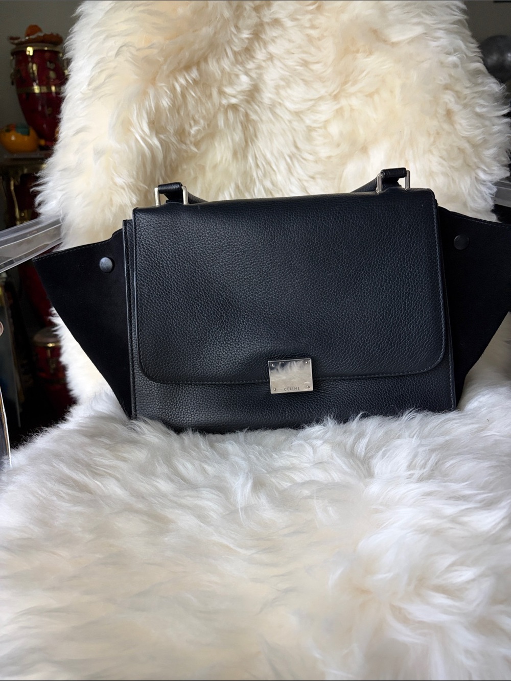 Celine Black Leather Top-Handle Satchel with Silver Hardware